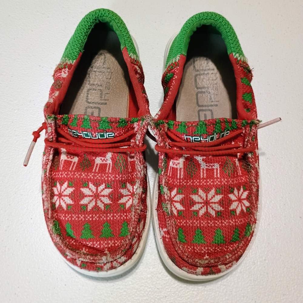 Hey Dude Kids Wally Christmas Shoes Size 11 Reindeer Snowflake Red Green Holiday